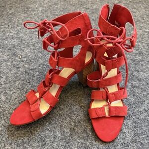 Marc Fisher Paradox Lace Up Gladiator Shoes Block Heel Red Suede